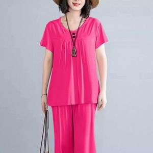 Summer Short Sleeve Capri Pants Loose Plus Size Women's Home Wear Set Two Piece Casual <b>Suit</b> Solid Color <b>Pajama</b> Set - Product Image 5