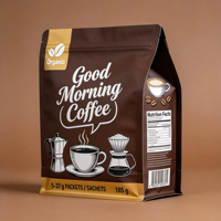 Sacs d'emballage pour grains de café de 1 kg, impression personnalisée, finition mate, en plastique et aluminium avec valve et fermeture éclair, fond plat