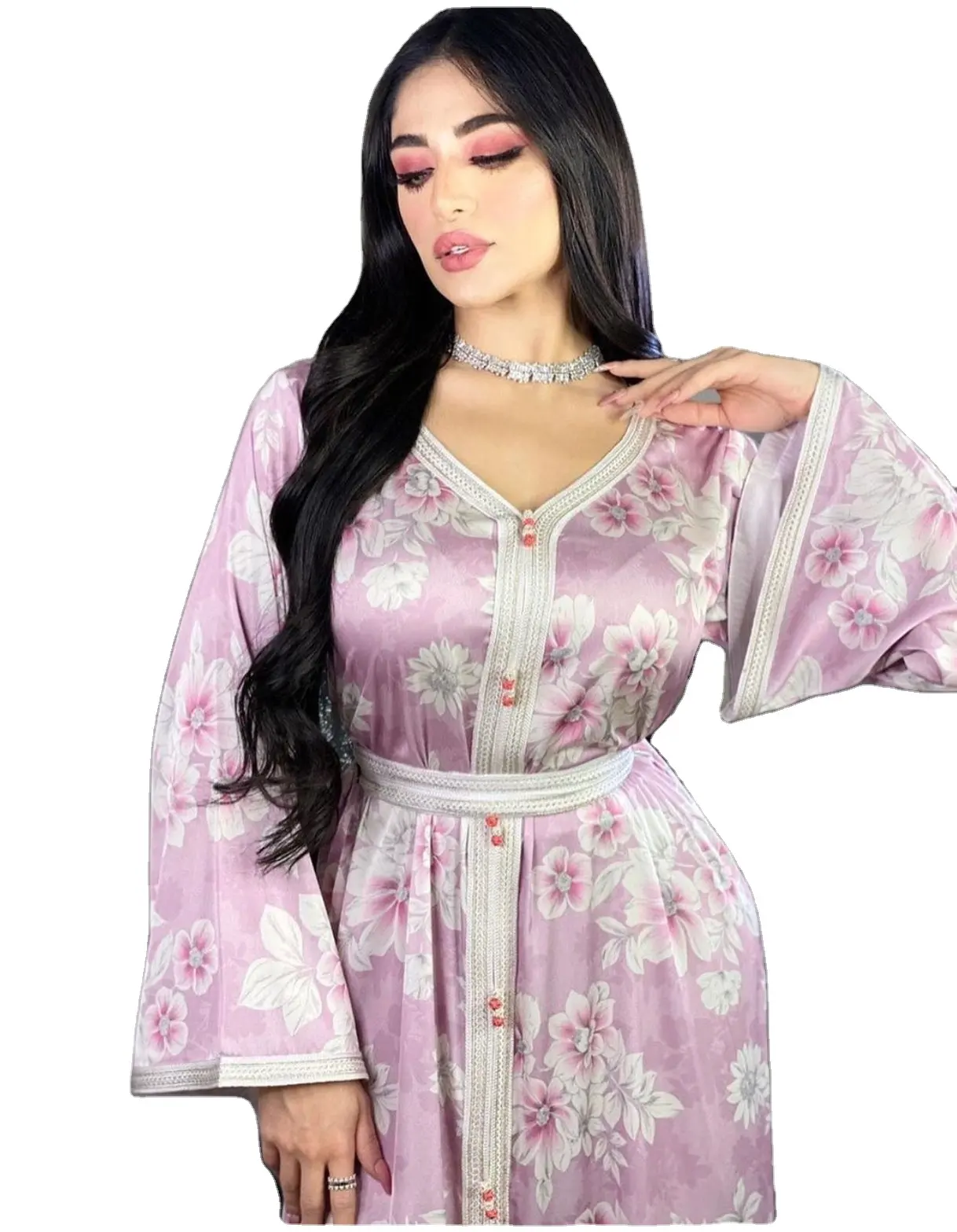 Desain baru poliester taro ungu bunga gaun sutra mengencangkan pinggang rok Arab Muslim wanita Islam harian elegan Abaya