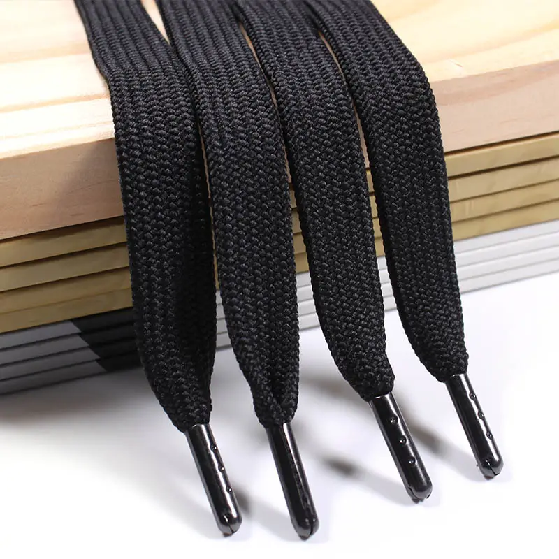 Custom colored 1cm polyester nylon flat braided hoodie cords shoe lace drawstring cord rope with metal tips