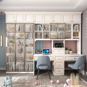 Bibliothèque combinée en bois massif de style européen avec bureau intégré, personnalisable, pour étudiants et familles - Product Image 2