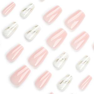 12 Pcs Pink White Ombre Gold Glitter Accent Half Cover Nail Design <b>Acrylic</b> Press Nails Artificial Fingernails False Nails <b>Glue</b> - Product Image 3