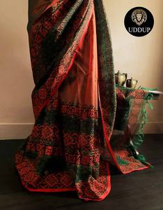 ชุดส่าหรีผ้าฝ้ายสำหรับเด็กผู้หญิงผ้าคอตตอนพิมพ์ลายสีเขียวและสีส้ม - Product Image 5