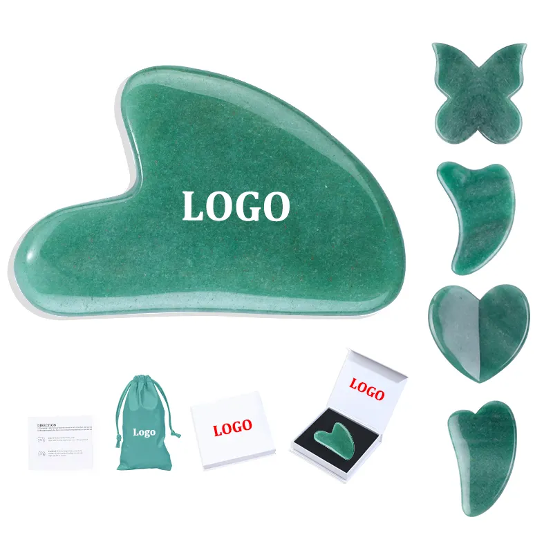 Pierre d'aventurine verte naturelle 100%, ensemble de Jade Gua Sha, outil de Massage, Jade Guasha personnalisé, outil Facial, vente en gros