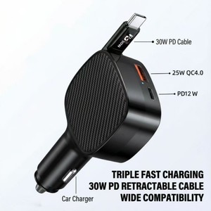 Chargeur de voiture 3 en 1 à charge rapide 30W PD avec câble rétractable de 70 cm, adaptateur QC 4.0 25W, chargeur multifonctionnel, vente en gros - Product Image 2