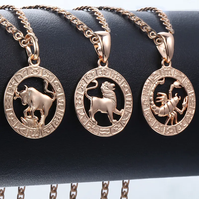 12 Constellation Zodiac Pendant Necklace For Women Men 585 Rose Gold Male Jewelry Fashion Birthday Gifts