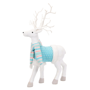 White Fleece 20in Reindeer Display with Aqua Knit Pullover and <b>Pastel</b> Stripe Scarf Scandinavian Holiday <b>Decor</b> for Home Stores - Product Image 1