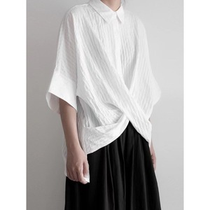 Blus Katun Campuran Bergaris Tekstur Asimetris Depan Model Prancis Chic Ukuran Besar (Plus Size) dan Oversize untuk Musim Panas 2026 Grosir - Product Image 1