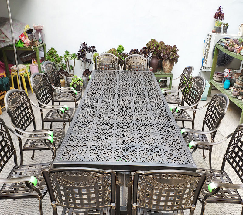 Terrasmeubilair Tuin Sets Gegoten Aluminium Metalen Lange Tafel & Stoel Dining Set Moderne Big Size Rechthoek Tafel Mesh Familie party