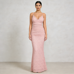 Robes pour femmes, rose clair, dentelle douce, bretelles spaghetti, col en V profond, plissée, sirène, élégante, formelle, <span class=keywords><strong>robe</strong></span> <span class=keywords><strong>de</strong></span> soirée pour invité <span class=keywords><strong>de</strong></span> <span class=keywords><strong>mariage</strong></span>, longues robes - Product Image 1