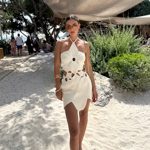 Women's Woven Halter Swimdress Solid Color Hollow Out Cutout <b>Skirt</b> Beachwear Summer Style 1 Piece Breathable - Product Image 1