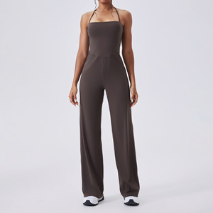 Set pakaian kasual wanita, Halter tali leher, Bodysuit olahraga, jumpsuit belakang terbuka, rompi ketat berkobar - Product Image 4