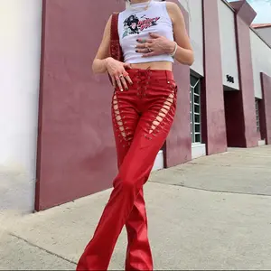 Pantalones de cuero brillantes para mujer, ropa de calle ajustada a la moda, con estilo, rojo, Sexy, de diseñador