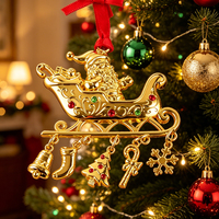 Adorno Navideño Personalizado de Metal Chapado en Oro con Trineo de Santa Claus, Colgante Decorativo con Pedrería para Árbol de Navidad