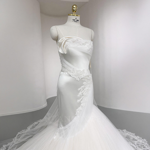 Nt130 Luxury Mermaid <b>Wedding</b> <b>Dress</b> Satin Bridal Gown With Lace Applique and <b>Puffy</b> Tulle Train Jancember - Product Image 2