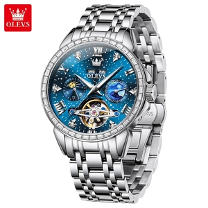 Montre automatique pour homme OLEVS 6712, luxe, squelette, double calendrier, phase de lune, étanche, lunette sertie de diamants, montres mécaniques pour hommes - Product Image 1