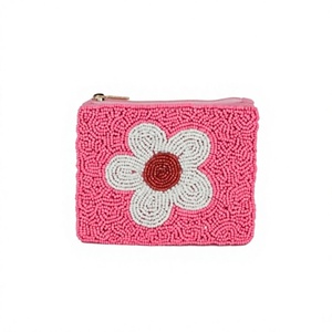Pink Beaded <b>Clutch</b> <b>Bag</b> With <b>White</b> Flower Embroidery Fashion Accessory - Product Image 1