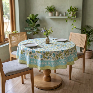 Vintage Style Hand Block Printed Round <b>Table</b> <b>Cover</b> 45 Inch Cotton Linen Floral Pattern Pastoral Style Washable Home Use - Product Image 2