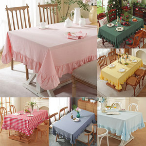 Solid Modern Washable Linen Cotton Retro Farmhouse Flower Lace Rectangular Ruffle <strong>Table</strong> <strong>Cloth</strong> for Wedding Party - Product Image 4