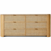 Commode Japandi à 6 tiroirs en rotin avec plateau en travertin, meuble de rangement en bois de luxe pour projets hôteliers et villas