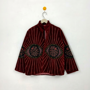 Chaqueta Vintage de Terciopelo Borgoña con Bordado Suzani y Patrón de Ojo Turco, Manga Larga, Cuello Alto, Estilo Bohemio, Ropa Exterior de Otoño para Mujer - Product Image 1