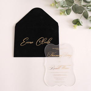 Carte d'invitation <span class=keywords><strong>en</strong></span> acrylique transparente populaire avec feuille d'or, enveloppe <span class=keywords><strong>en</strong></span> velours noir, texte personnalisé pour invitation de mariage - Product Image 1
