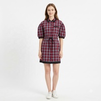 Robe mini haut de gamme pour femme, rouge à carreaux, à manches bouffantes, col chemise, ceinture à nouer, boutonnée, en mélange de coton, coupe ample, décontractée, style A-line, pour l'été