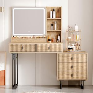 Grand bureau de maquillage avec <span class=keywords><strong>miroir</strong></span> tactile à 3 couleurs et variateur d'intensité, bureau de maquillage avec station de charge, maquillier moderne rétractable - Product Image 1