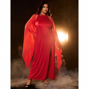 <span class=keywords><strong>Robe</strong></span> midi élégante pour femmes grandes tailles, nouvelle collection été, <span class=keywords><strong>robe</strong></span> de soirée formelle élégante à manches évasées et fente haute, <span class=keywords><strong>robe</strong></span> maxi avec cape - Product Image 2