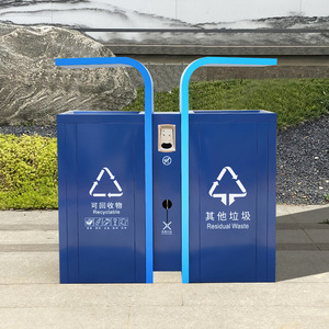 Elegante bote de basura de acero inoxidable para exteriores con dos compartimentos, perfecto para centros comerciales, zonas turísticas, parques y calles. - Product Image 1