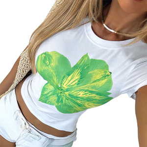 <span class=keywords><strong>T</strong></span>-<span class=keywords><strong>shirt</strong></span> à manches courtes pour <span class=keywords><strong>femme</strong></span>, style Y2K printemps-é<span class=keywords><strong>t</strong></span>é, col rond, coupe ajustée, imprimé floral, décontracté - Product Image 2