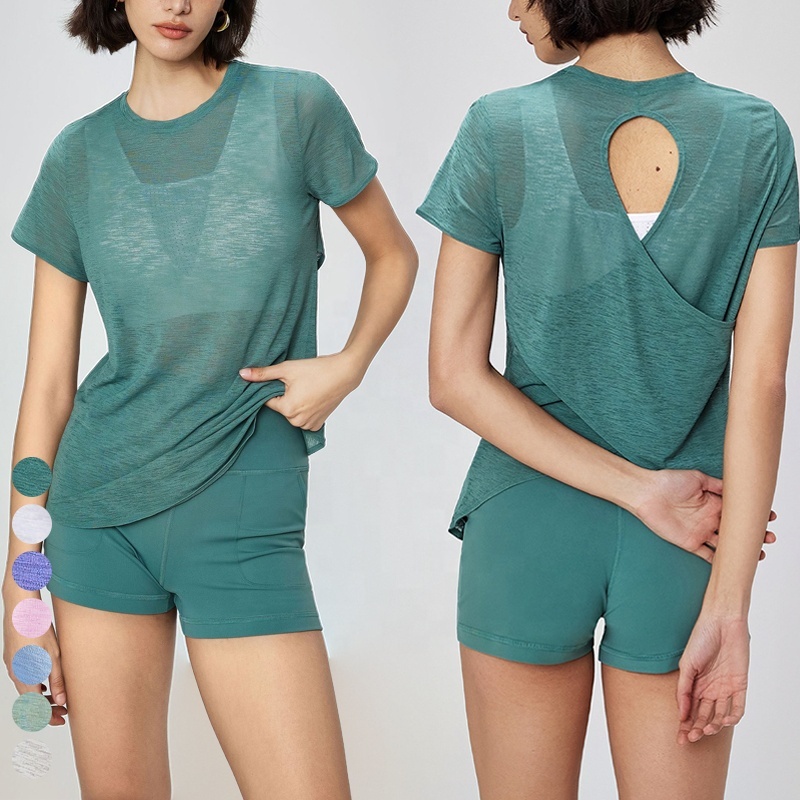Women Lightweight Short Sleeve Workout Shirts Breathable Cross Back Hollow Loose Fit Yoga Athletic T-Shirts Casual Running Tops