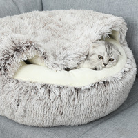 Coussin de couchage luxueux, lavable, antidérapant, moelleux et douillet pour animaux de compagnie (chats et chiens), avec housse à capuche, type donut, pour l'hiver