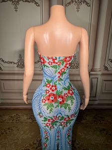 Novance Y5001 sıcak satış taklidi zarif uzun kadın abiye mavi askısız çiçek baskı lüks balo doğum günü elbise - Product Image 6