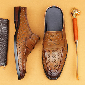 Mules d'été décontractées pour hommes en cuir véritable perforé respirant à bout fermé - Product Image 4