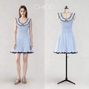 Vestido Mini a Rayas Azul Claro con Volantes para Mujer, Sin Mangas, para Citas Nocturnas, Casual, Personalizado, Venta al Por Mayor B2B, Fábrica China - Product Image 1