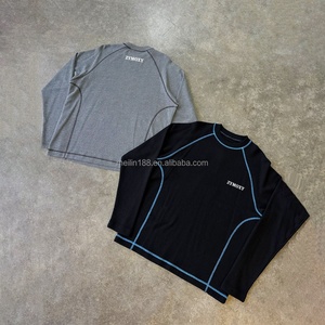 Chemises à manches longues pour hommes avec surpiqûres contrastées personnalisées, de haute qualité, 100% coton, col rond, coupe ample - Product Image 1