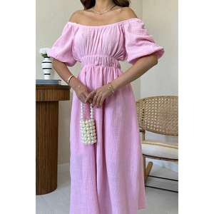 Robe en mousseline de lin rose élégante à col plissé, longueur genou, tailles XS-XXL, design personnalisé, pour le printemps, offre ODM en gros - Product Image 2