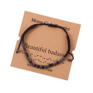 Hecho a mano inspirador código Morse cuentas de madera cuerda tejida amistad pulsera ajustable mujeres hombres al por mayor - Product Image 3