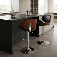 Tabouret de bar de luxe pour îlot de cuisine, chaise pivotante moderne en noyer courbé avec siège en cuir rembourré, hauteur réglable pour bar à domicile