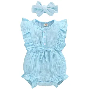 Vêtements de bébé en coton biologique, vente en gros, combinaisons pour nouveau-nés filles, barboteuse à volants pour bébés et tout-petits