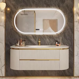 Meuble-lavabo semi-circulaire de luxe pour salle de bain, combinaison de lavabo en céramique sans joint avec dalle de chêne, meuble-lavabo et vasque - Product Image 2