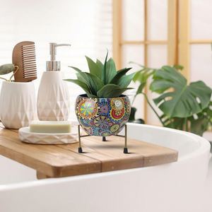 Pot de fleurs en métal émaillé créatif, rond, à motifs colorés, avec support en métal - Product Image 3