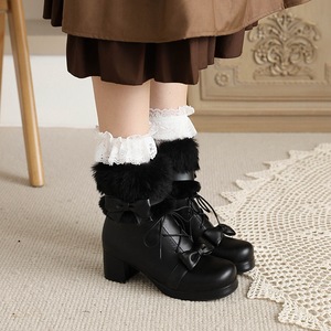Botines de piel sintética blanca con puño de pelo, doble lazo frontal, cordones, punta redonda, plataforma y tacón medio de bloque, estilo dulce para chicas, envío directo - Product Image 4