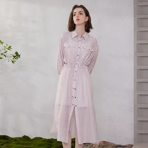 Polo de luxe col rayé 70% coton 30% soie femmes hauts de luxe Blouses pour femmes vêtements en gros longue femme chemise