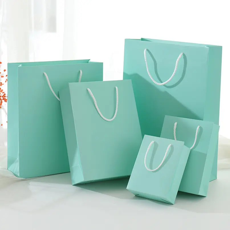 Ciano Boutique di lusso stampa a caldo verde menta Logo personalizzato maniglia regalo Shopping confezioni sacchetti di carta con manico a nastro