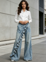 Jean pour femme à taille croisée, coupe asymétrique, en denim, jambe large, bootcut, style rétro Y2K, pantalon ample pour l'été