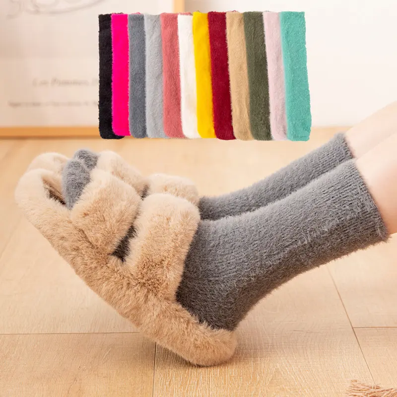 Winter New Solid Color Plus Velvet Casual Warm Mink Velvet Snow Socks Mid Tube Socks Women'S Socks Wholesale