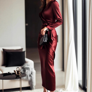 <span class=keywords><strong>Vestido</strong></span> Casual de Satén con Lazada Cruzada, <span class=keywords><strong>Manga</strong></span> <span class=keywords><strong>Larga</strong></span> y Cuello en V, Elegante <span class=keywords><strong>Vestido</strong></span> para Mujer - Product Image 3