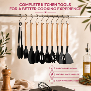 19 Piece Silicone <b>Wooden</b> Handle <b>Kitchen</b> Utensils <b>Sets</b> Stainless Steel <b>Kitchen</b> Knife <b>Sets</b> with Cutting Board Cooking Tools <b>Sets</b> - Product Image 2